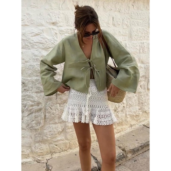 Commense Tops - Commense Oversized Long Tie-Front Sleeve Blouse Green size S